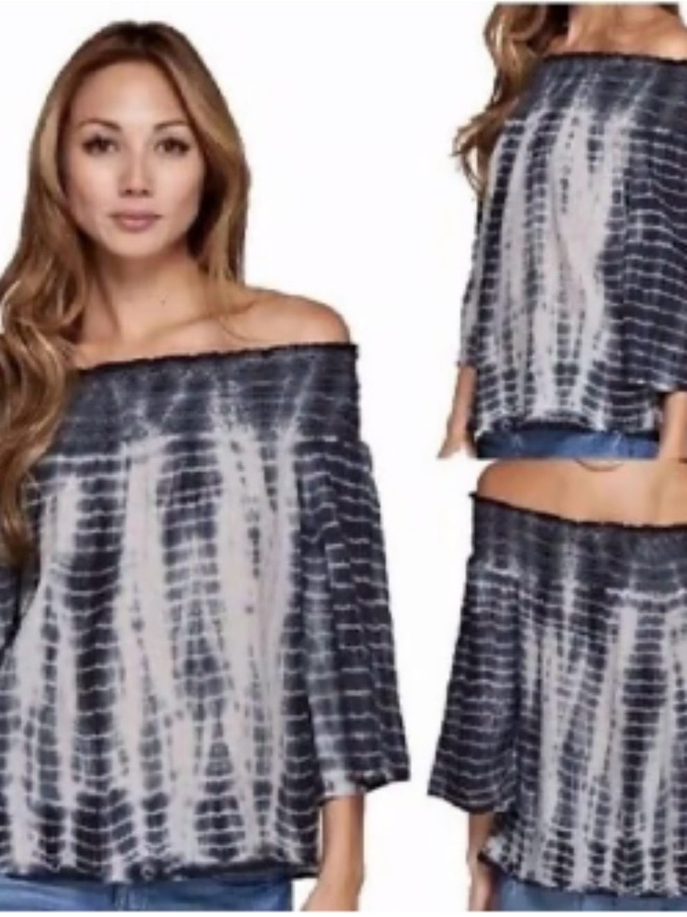 Lovestitch Charcoal Boho Tie-Dye Smocked Gauze Knit Blouse